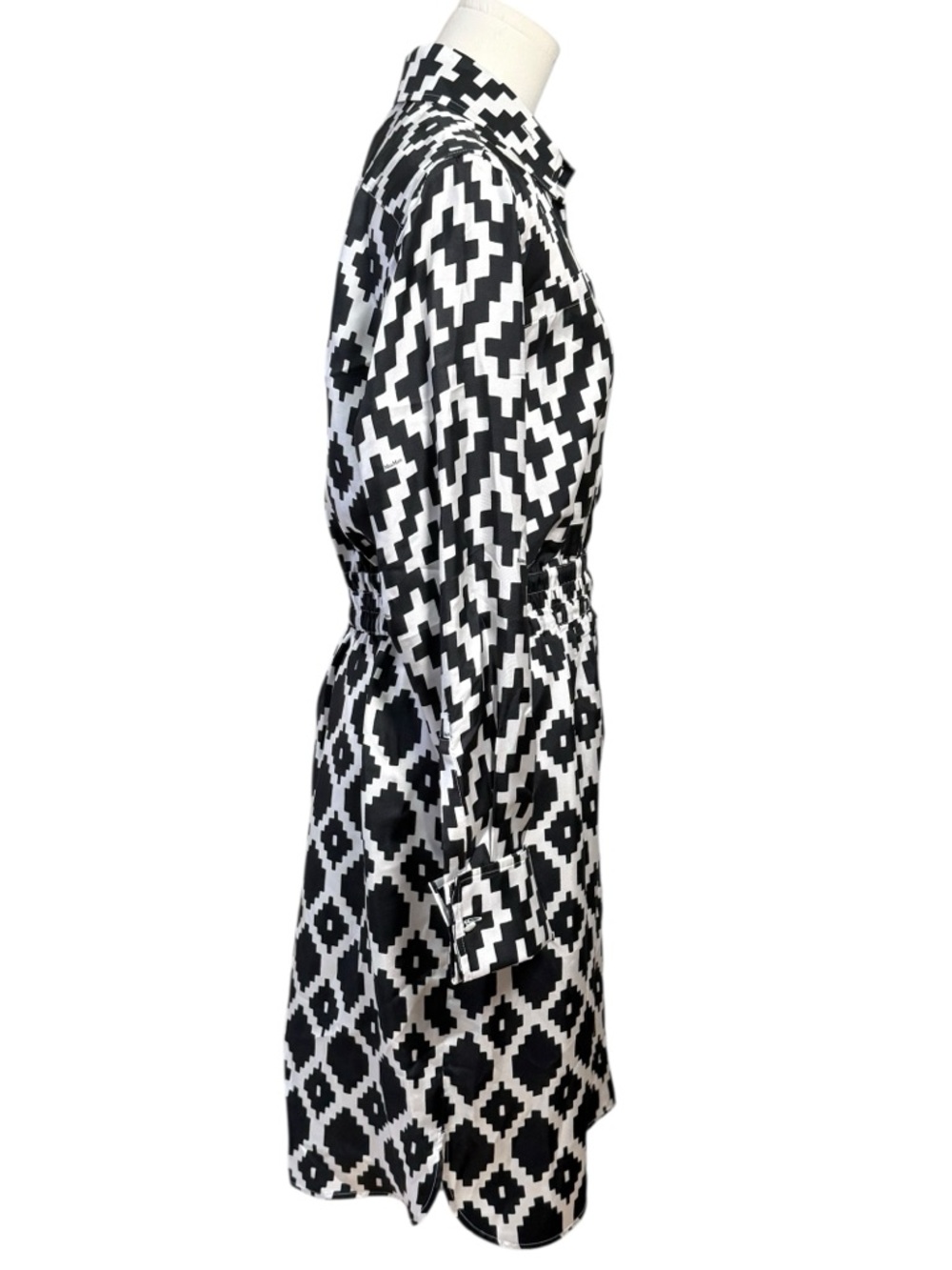 Max Mara Silk Shirt Geometric Print Cinched Waist Dress In Black & White Size 8 - Picture 3 of 13